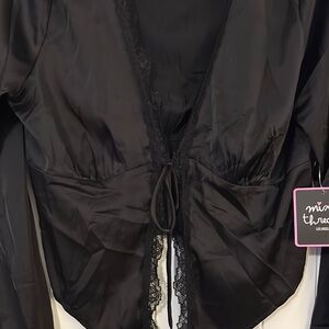 NEW WITH TAGS! Black Silky Long Sleeve Blouse with Front Tie